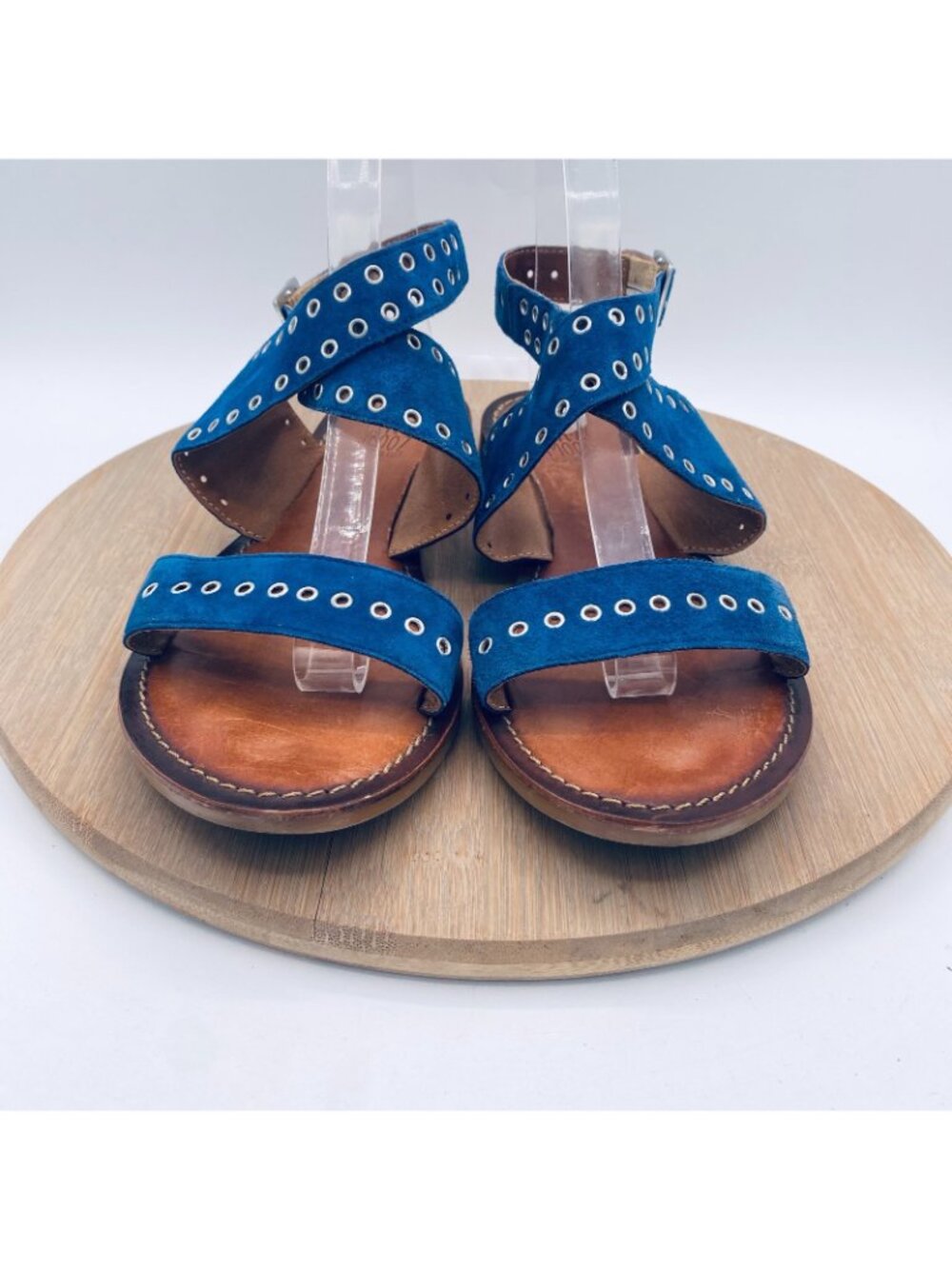 Miz Mooz Sandals Womens 8.5 Blue Leather Ankle Strap Studded Flats Peep - Picture 3 of 12